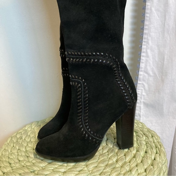 NWOB Report Liola Black Suede Leather Woven Boho Over the Knee Heel Boots - Picture 8 of 16
